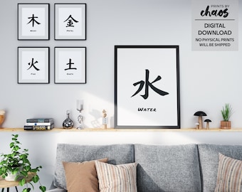 May include: Five black and white framed prints of the five elements of Chinese philosophy: wood, metal, fire, earth, and water. The prints are arranged in a grid pattern on a white wall. The word "water" is written in black below the water symbol.
