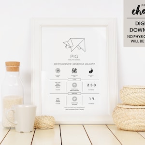 Digital Chinese Horoscope Zodiac print - PIG // Home Decor, Nursery, Birthday // Black and White // Chinese New Year Zodiac