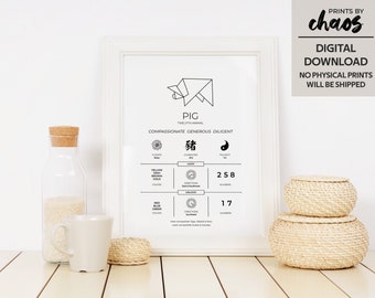 Horóscopo Chino Digital Impresión del Zodiaco - PIG // Decoración del Hogar, Guardería, Cumpleaños // Blanco y Negro // Zodiaco del Año Nuevo Chino