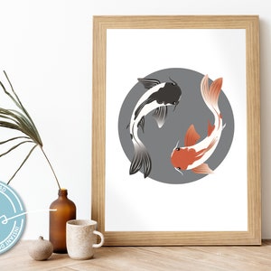Digital KOI FISH Wall Art - Yin Yang Fish Artwork - Meditation Illustration - Sea Life Poster - Japanese Print