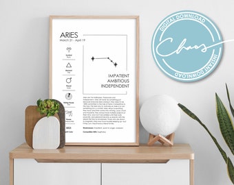 Digital Aries Zodiac Print - Zodiac Horoscope Printable - Aries Zodiac Gifts - Aries Constellation Print - Aries Art Print