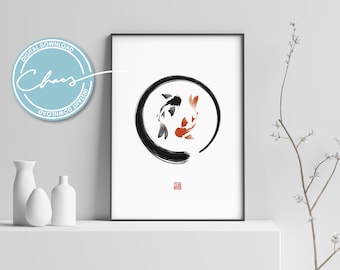 Arte digital de pared ENSO KOI FISH - Arte de pez Yin Yang - Círculo Enso - Ilustración de meditación - Cartel de vida marina - Impresión japonesa