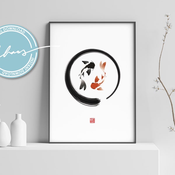 Digital ENSO KOI FISH Wall Art - Yin Yang Fish Artwork - Enso Circle - Meditation Illustration - Sea Life Poster - Japanese Print