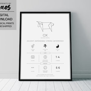 Digital Chinese Horoscope Zodiac print - OX // Home Decor, Nursery, Birthday // Black and White // Chinese New Year Zodiac