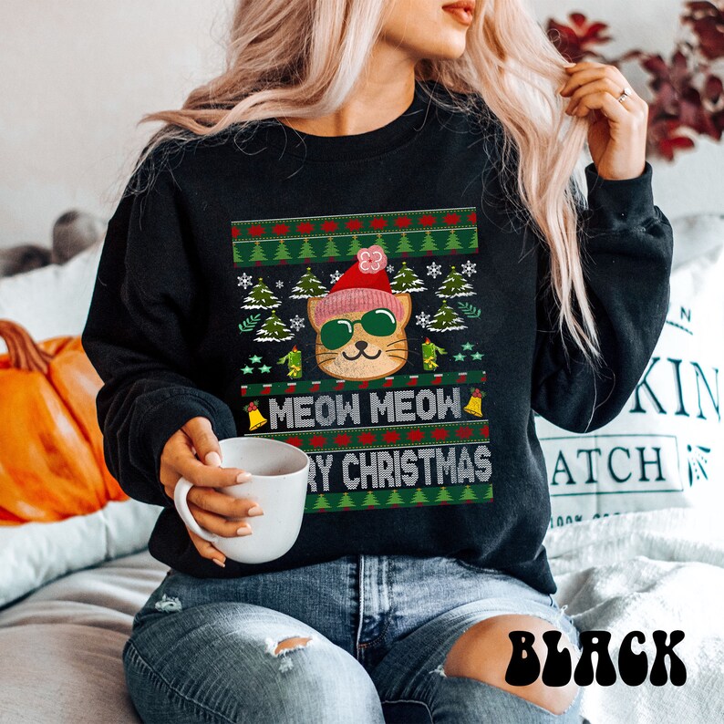 Chat pull de Noël chat chemises chatons vintage mignon pull de Noël moche rétro vacances cadeaux cadeau de Noël pour maman chat amoureux cadeaux Black