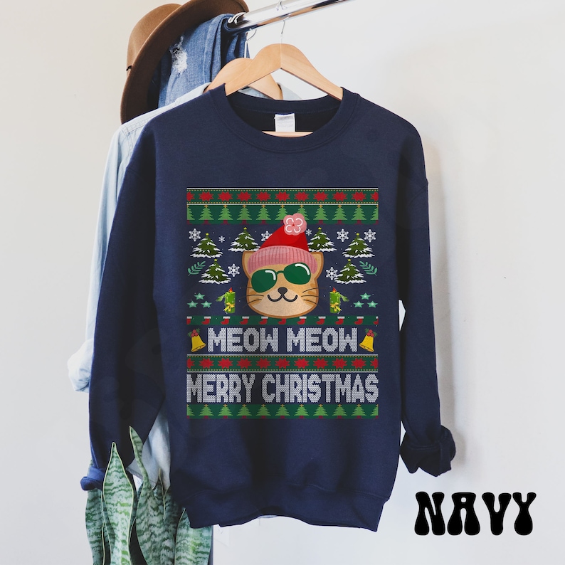 Chat pull de Noël chat chemises chatons vintage mignon pull de Noël moche rétro vacances cadeaux cadeau de Noël pour maman chat amoureux cadeaux Navy