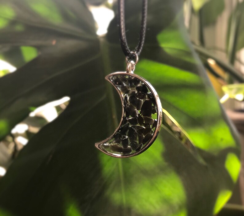 Crescent Moon Jewelry Healing Crystal Gifts Protection Stone Black Obsidian Pendant Resin Necklace Necklaces Valresa Com - Crystal Moon Pendant Necklace