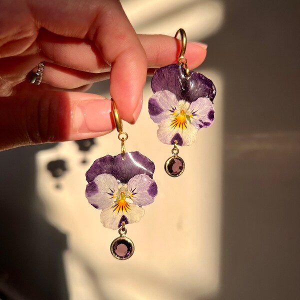 Handmade Preserved Pansy Earrings with Purple Gem in Stainless Steel Huggies Fittings