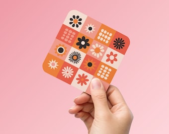 Retro Bloom - Checkered Groovy Flower Coaster - 1 Coaster - Cute Psychedelic Drink Coasters - 1960s & 1970s Hippie Decor