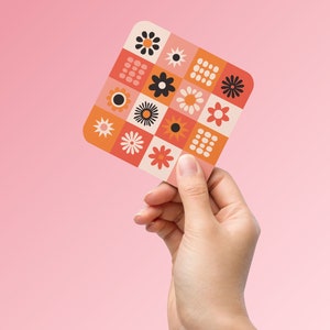 Retro Bloom - Checkered Groovy Flower Coaster - 1 Coaster - Cute Psychedelic Drink Coasters - 1960s & 1970s Hippie Decor