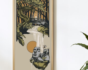 Falling Water - Radiant Thoughts - Vibrational Art Print - Surreal Woman and Waterfall Artwork - Mindfulness Poster Art
