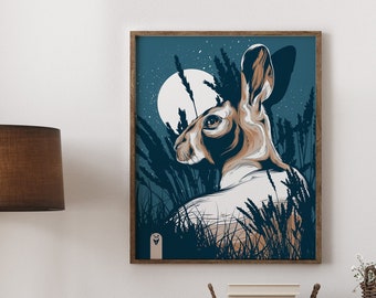 Moonlight Rabbit Art Print, Woodland Nursery Artwork