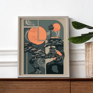May include: A digital illustration of a stylized bonsai tree with three small buildings on its branches. The background is a light beige with two orange circles and a dark blue sky.