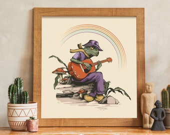 Psychedelic Toad Art Poster – Funky Fungi, Rainbow, Guitar