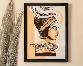 May include: A framed illustration of a woman with a flowing white scarf and a gold headband. The woman is wearing a silver mask and has a serious expression. The background is a light orange color with a brown and white landscape.