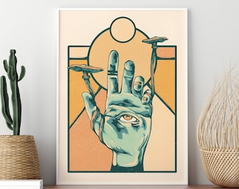Hamsa Hand Canvas Wall Art - Hand of Fatima Hippie Decor - 70’s Style Vintage Artwork - Evil Eye Wall Art