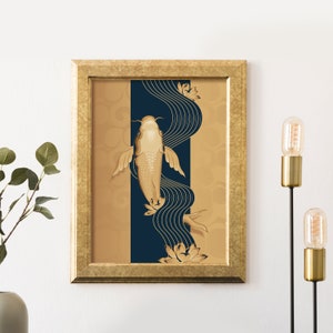 Koi Fish Office Wall Art - Golden Koi Swimming With Lotus Inspirational Art - Meditation Room Wall Art - Feng Shui Décor - Canvas Wall Art