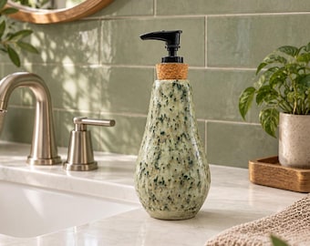 Handmade Ceramic Soap Dispenser with Cork Stopper & Black Pump, Sage Green or Blue Gray, Refillable Bathroom or Kitchen Decor
