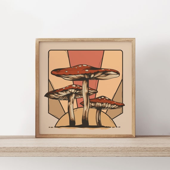 Psychedelic Sunset Canvas Wall Art - Retro 1970s Shroom Print- Trippy Magic Mushroom Poster - Hippie Kitchen Decor - Amanita Muscaria