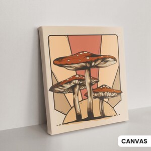 Psychedelic Sunset Canvas Wall Art - Retro 1970s Shroom Print- Trippy Magic Mushroom Poster - Hippie Kitchen Decor - Psilocybe Cubensis