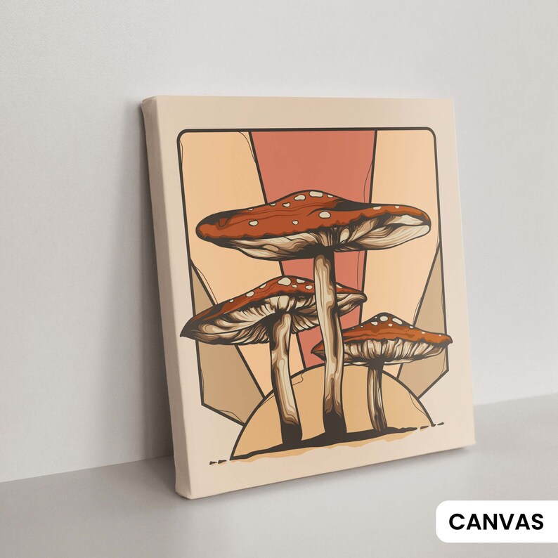 Psychedelic Sunset Canvas Wall Art - Retro 1970s Shroom Print- Trippy Magic Mushroom Poster - Hippie Kitchen Decor - Psilocybe Cubensis