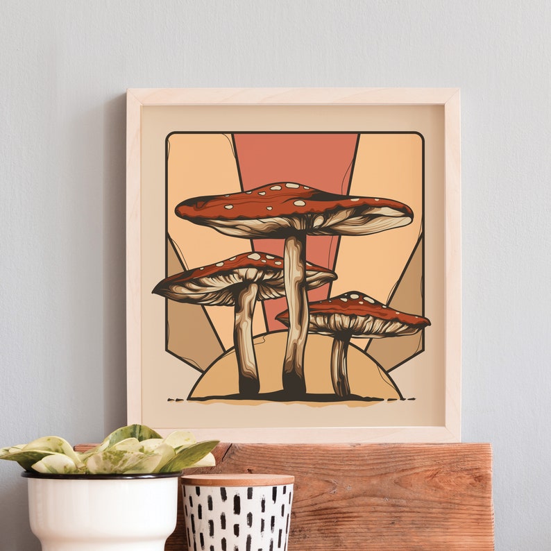 Psychedelic Sunset Canvas Wall Art - Retro 1970s Shroom Print- Trippy Magic Mushroom Poster - Hippie Kitchen Decor - Psilocybe Cubensis