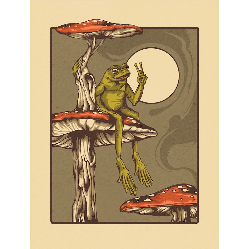 Frog and toad sitting on mushrooms in forest. Great for psychonauts home decor. Trippy experience art for alvarius.