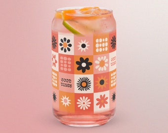 Groovy Sip - Vintage Floral Can Glass - Checkered Good Vibes Flower Glass - Psychedelic Drinkware - 1960s & 1970s Hippie Decor
