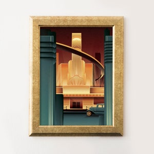 May include: A vintage illustration of a city skyline with a large building in the center, a bridge, and a car in the foreground. The illustration is done in a retro style with muted colors.