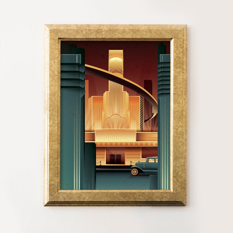 May include: A vintage illustration of a city skyline with a large building in the center, a bridge, and a car in the foreground. The illustration is done in a retro style with muted colors.