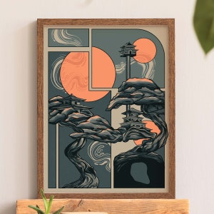 May include: A digital illustration of a stylized bonsai tree with two small buildings on top of it. The tree is set against a background of two large orange circles with a swirling pattern and a dark blue background.