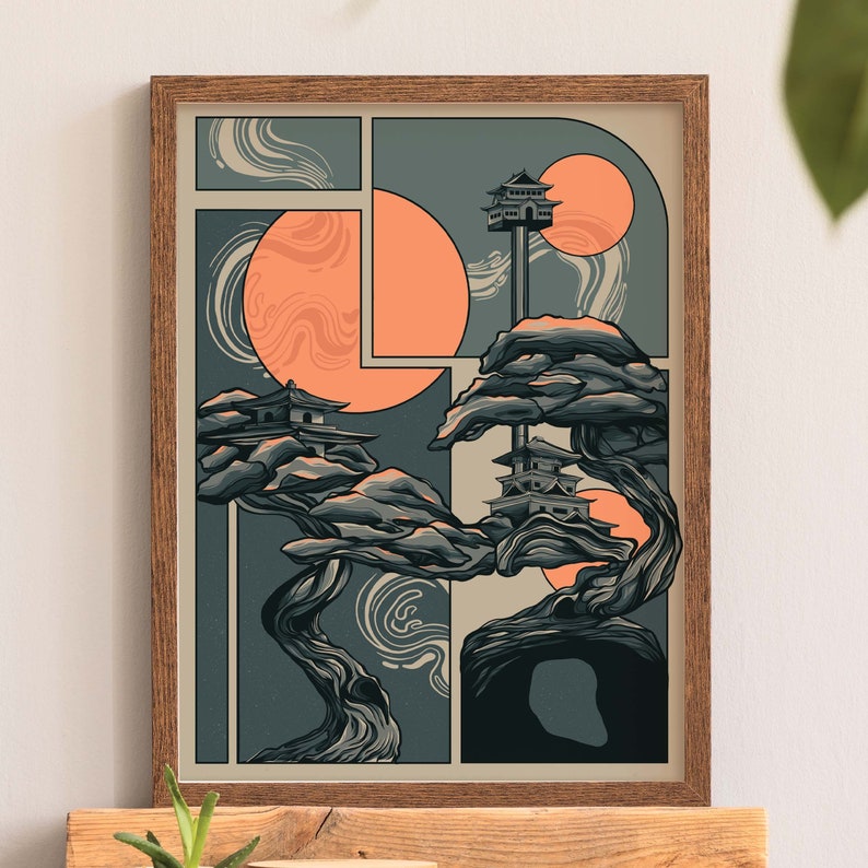 May include: A digital illustration of a stylized bonsai tree with two small buildings on top of it. The tree is set against a background of two large orange circles with a swirling pattern and a dark blue background.