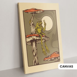 Frog and toad sitting on mushrooms in forest. Great for psychonauts home decor. Trippy experience art for alvarius.