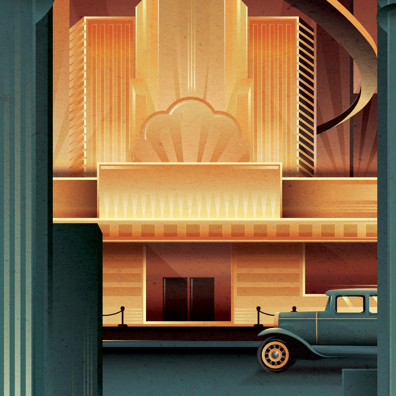May include: A vintage car parked in front of a large building with a geometric design. The building has a large, rounded window and a sign that reads "The Grand Theater". The car is a dark blue sedan with a chrome bumper and headlights.
