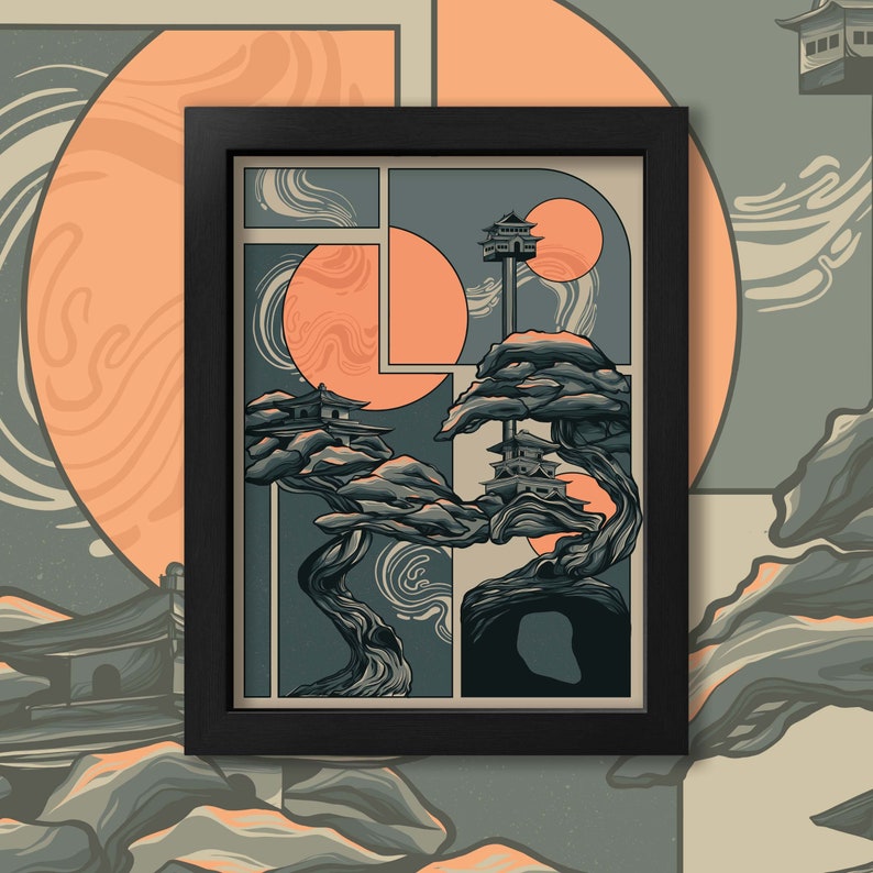 May include: A framed print of a stylized illustration of a Japanese garden with a bonsai tree, a pagoda, and a large orange circle in the background. The print is in a black frame with a white mat.