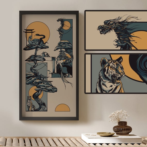 Four Divine Beasts Canvas Wall Art - Azure Dragon | White Tiger