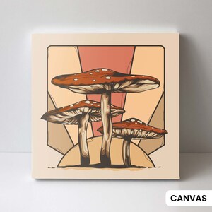 Psychedelic Sunset Canvas Wall Art - Retro 1970s Shroom Print- Trippy Magic Mushroom Poster - Hippie Kitchen Decor - Psilocybe Cubensis