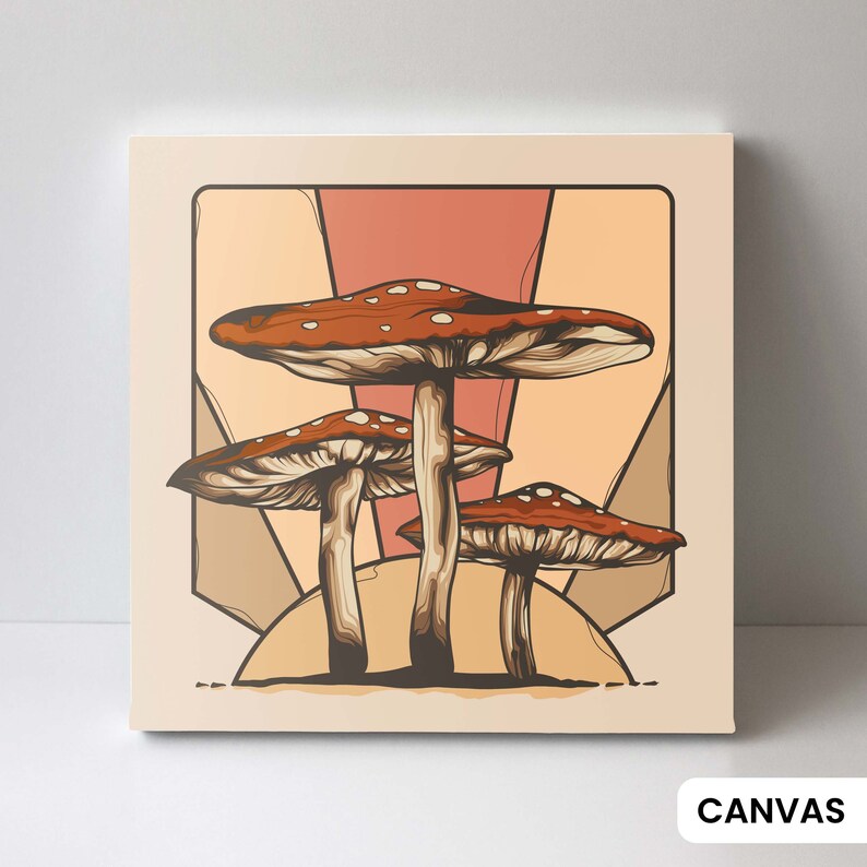 Psychedelic Sunset Canvas Wall Art - Retro 1970s Shroom Print- Trippy Magic Mushroom Poster - Hippie Kitchen Decor - Psilocybe Cubensis