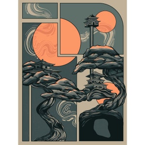 May include: A digital illustration of a stylized bonsai tree with three small pagoda-style buildings on its branches. The tree is set against a background of swirling patterns and two large, orange circles.