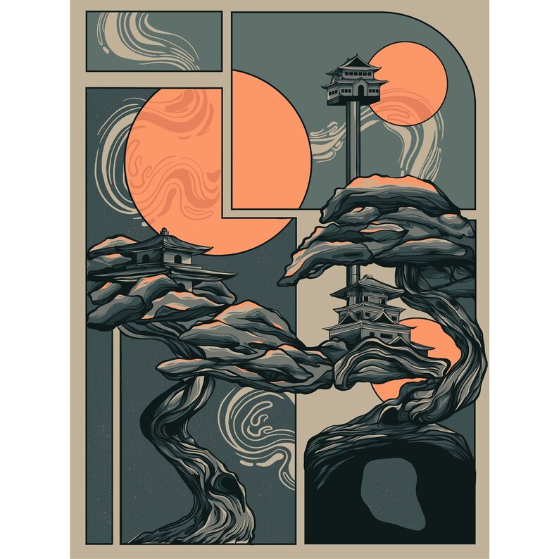 May include: A digital illustration of a stylized bonsai tree with three small pagoda-style buildings on its branches. The tree is set against a background of swirling patterns and two large, orange circles.