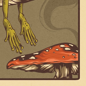 Frog and toad sitting on mushrooms in forest. Great for psychonauts home decor. Trippy experience art for alvarius.