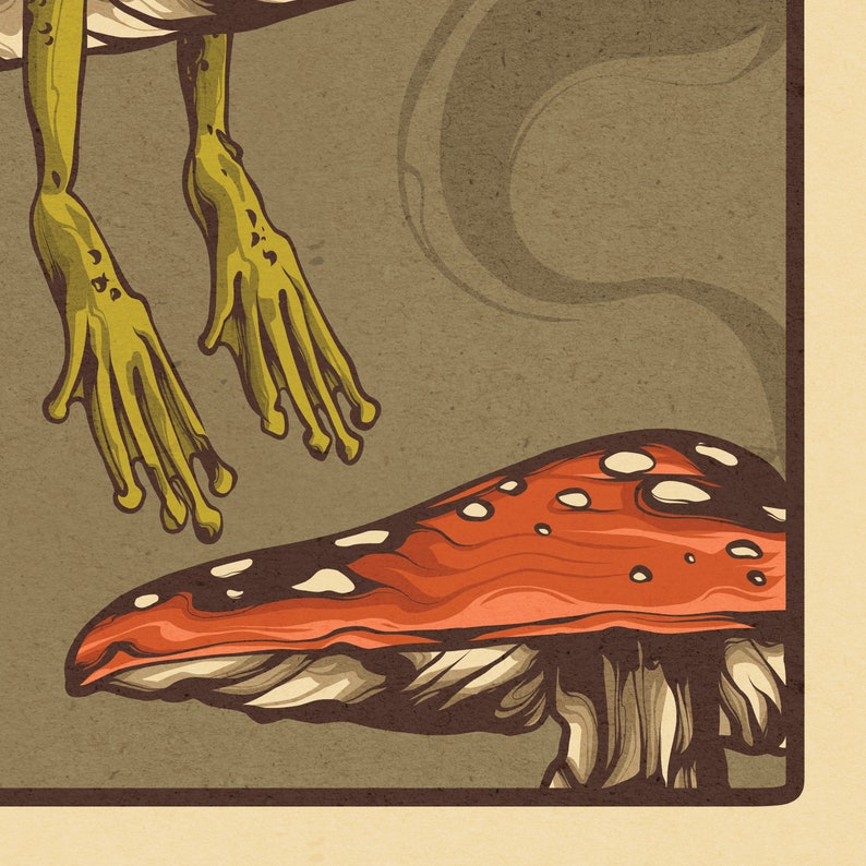 Frog and toad sitting on mushrooms in forest. Great for psychonauts home decor. Trippy experience art for alvarius.