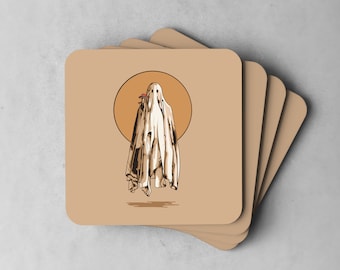 May include: A set of square coasters with rounded corners. Each coaster displays a cartoon ghost holding a mushroom, set against a tan background with a brown circle. The ghost is white, and the mushroom is red. Coasters are tan.