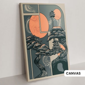 May include: A digital art print featuring a stylized illustration of a Japanese garden with a pagoda, trees, and a large orange moon. The print has a vintage aesthetic and is perfect for adding a touch of zen to any room.