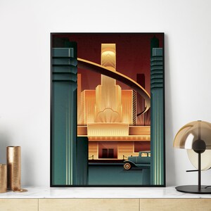 May include: A vintage art deco style illustration of a city skyline with a car driving on a bridge. The buildings are a mix of teal and gold with a red sky in the background.