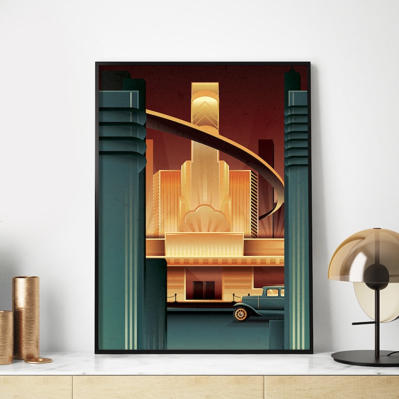 May include: A vintage art deco style illustration of a city skyline with a car driving on a bridge. The buildings are a mix of teal and gold with a red sky in the background.