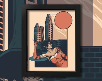Retro Futuristic Cyborg Canvas Art - A Sunrise Smoke Poster - Art Deco Skyline - City Skyline Wall Art