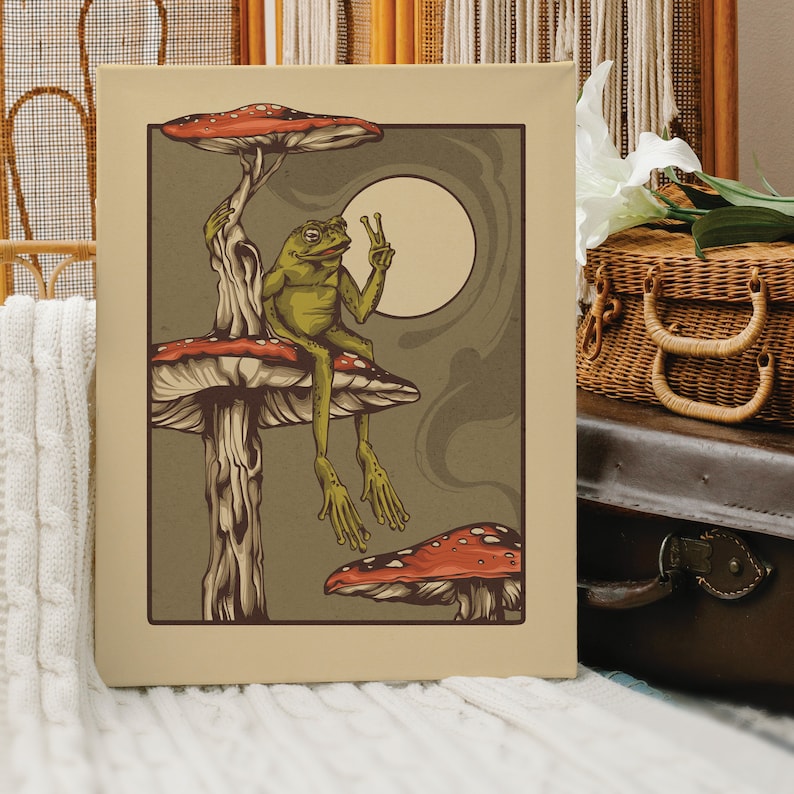 Frog and toad sitting on mushrooms in forest. Great for psychonauts home decor. Trippy experience art for alvarius.