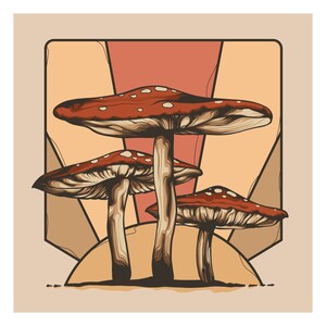 Psychedelic Sunset Canvas Wall Art - Retro 1970s Shroom Print- Trippy Magic Mushroom Poster - Hippie Kitchen Decor - Psilocybe Cubensis