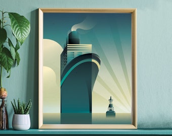 Art Deco Boat Canvas Wall Art -  1930s Travel Poster Nautical Decor - Vintage Ocean Liner Retro Futurism